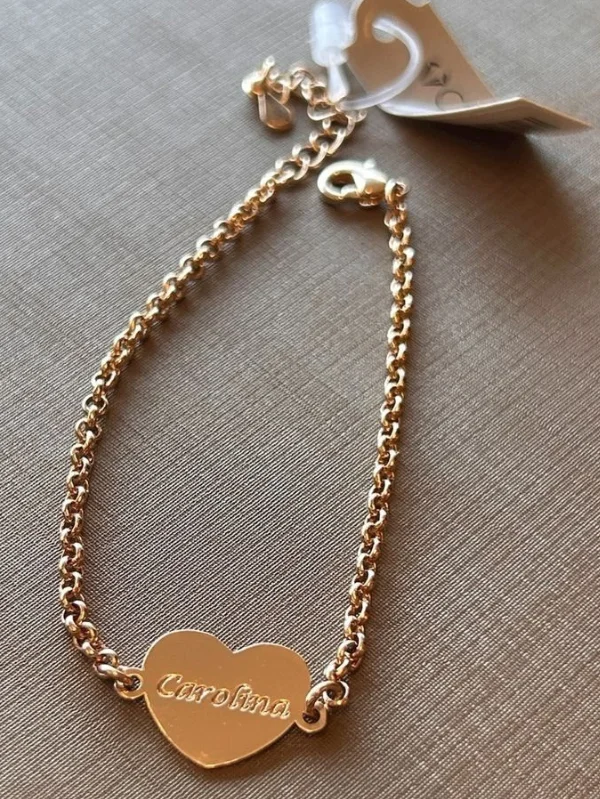 Pulseira Elo Português em banho 18k Com coração Personalizável